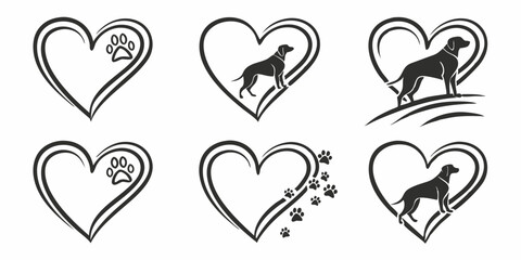 Collection of heart shaped designs featuring dog silhouettes and paw prints in a monochrome illustration © Ameer