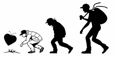 Evolution of a person from picking up a heart to traveling with a backpack in black and white style
