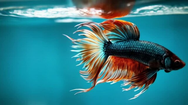 A detailed view of a colorful betta fish swimming gracefully in clear blue water aquarium tank video