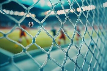 Fototapeta premium Soccer Ball Flying into Net Blurred Players, Bright Arena Lights in the Background