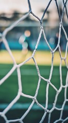 Fototapeta premium Soccer Goal Net Focus Field Background, Sports Equipment CloseUp, Blurred Players in Distance