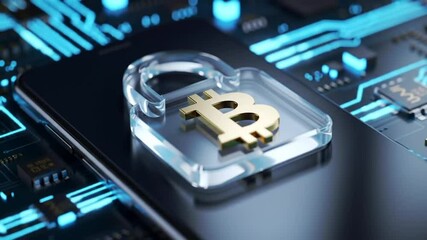 Bitcoin Symbol on Glass Lock over a Smartphone with Circuit Board and Blue Lights for Digital Security and Currency - Powered by Adobe