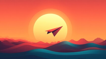 Paper airplane soaring over sunset mountains