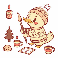 Delightful Mischievous Duckling in a Christmas scene with holding a paintbrush – Warm Cozy vector illustration