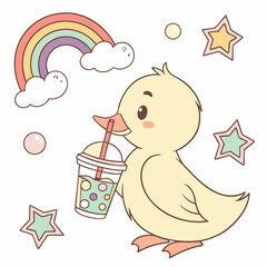 Playful Curious Duckling design, styled with with a bubble tea and Pastel Rainbow shades in a Rainbow setting