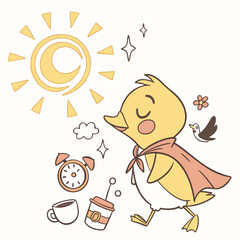 A Peaceful Duckling with wearing a cape in a Morning sunshine theme – Sunny Mornings palette SVG illustration