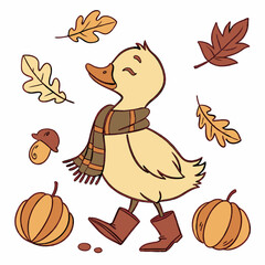 Delightful Dreamy Duckling in a Autumn scene with with a scarf – Autumn Leaves vector illustration