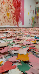 Naklejka premium A close-up view of vibrant, torn pieces of paper scattered across the floor of a creative art studio, showcasing textured, colorful collage materials in an artistic workspace.