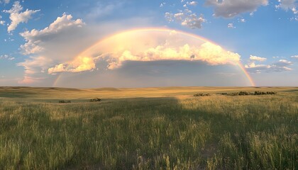 Fototapeta premium Rainbow arches over a vast grassy plain.