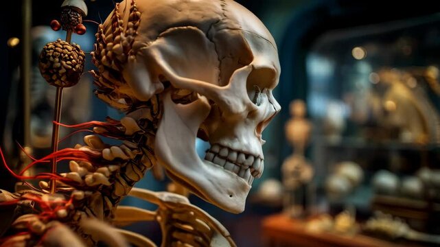 Anatomical exhibit displaying a skeletal remains with a skull and spine, accompanied by decorative objects in a museum showcase with depth of field.