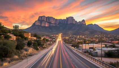 Highway through a mountain town at sunset.