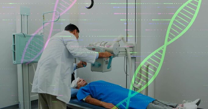 Doctor reaching control handles, rotating X-ray tube and locking alignment for chest imaging