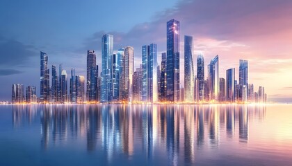 Modern cityscape reflected in tranquil waters at dawn.