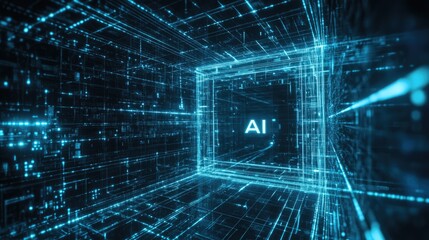 AI letters in a frame in cyberspace. Virtual reality, programming and information technology of the future. Artificial intelligence, digital code data and cybersecurity