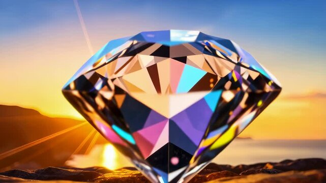 Large faceted gem displayed on rocks, colorful reflections with a sunrise background against a bright sky.