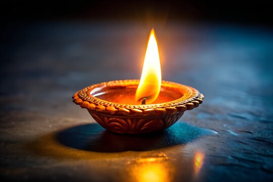 Clay diya oil lamp glowing warmly against dark background for Diwali celebration