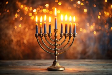 Golden menorah glowing with warmth and light in traditional Hanukkah celebration setting