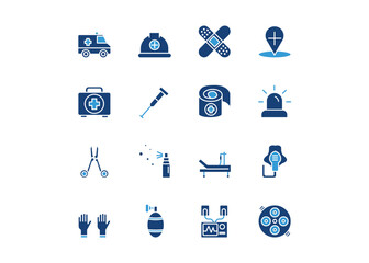 A set of icons for First aid and emergency equipment. The icons include a First Aid Kit, Ambulance, Crutch, Medical Scissors, Medical Gloves. Solid. Vector illustration.	