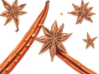 abstract Cute pastel hand drawn Anise star and vanilla sticks on white background illustration
