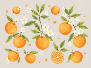 abstract Cute pastel hand drawn oranges fruits with leaves, branches and flowers background illustration
