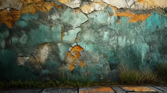 Weathered teal and ochre wall with patchy paint, grass at base