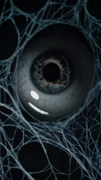 Scary eye staring through spiderweb on black background