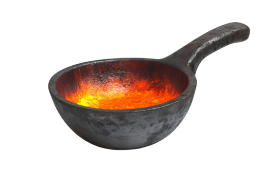 weathered steel foundry ladle with heart-resistant lining and pouring mechanism isolated on transparent background