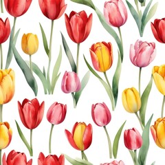 Fototapeta premium Vibrant Watercolor Tulip Seamless Pattern Spring Floral Design