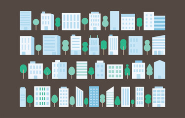 Collection of simple city building and tree illustrations