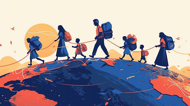 Group of people walking across globe migration journey hope for World Refugee Day - Powered by Adobe