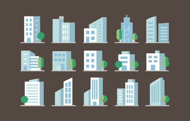 Collection of flat style building icons with trees ideal for urban planning presentations