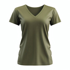 Plain green army V-neck t-shirt 3D mockup showcasing front view for women's casual wear presentation on white background.