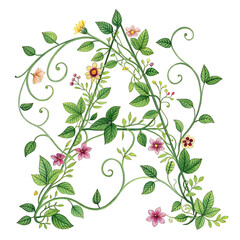 Floral Letter A: The letter A is beautifully crafted with vibrant blossoms and lush foliage, showcasing nature's delicate artistry and elegance.