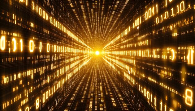 Golden binary code tunnel effect.