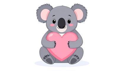 Naklejka premium Cute Cartoon Koala Smiling and Hugging a Pink Heart with Tiny Paws in Pastel Colors