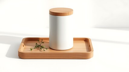 Naklejka premium White ceramic jar with wooden lid on wooden tray