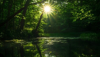 Fototapeta premium Sunlight streams through a lush forest over a tranquil waterway.