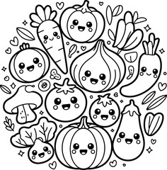A charming coloring page featuring a circular doodle of kawaii vegetable friends. This happy veggie design includes a smiling pumpkin, carrot, tomato, and onion, all waiting to be brought to life.