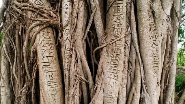 Inscribed Tree Trunk: Ancient Text on Banyan Bark