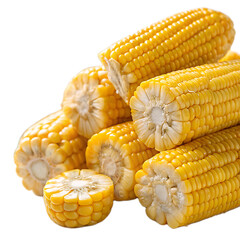 A close up shot of a pile of fresh yellow corn on the cob against a black background in studio lighting