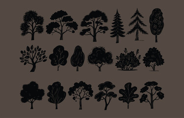 Collection of hand drawn black silhouettes of various trees and shrubs