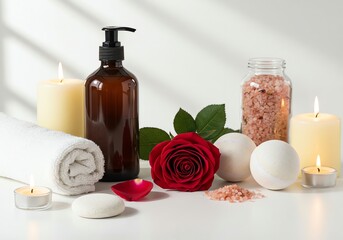Spa still life with rose and bath products