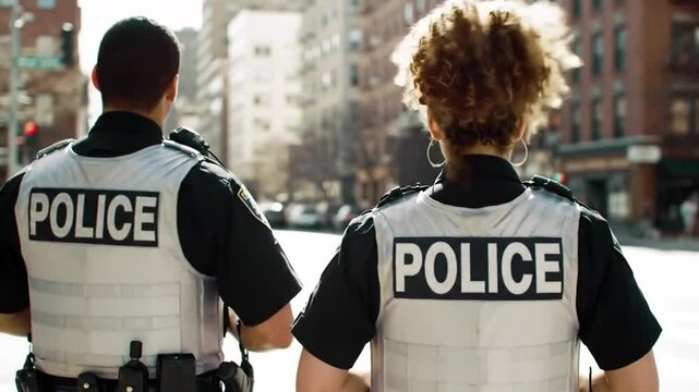 Two Police Officers Walking Down a Sunny Street in Full Uniform Vests with Passing Black SUV and Brick Buildings in the Background