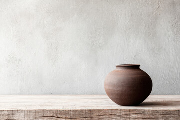 minimalist composition featuring handcrafted clay pottery on wooden background highlighting single vessel
