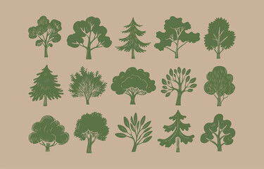 Collection of hand drawn green tree silhouettes for nature designs