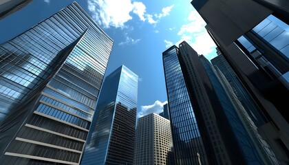 Modern skyscrapers reach for the clear blue sky.