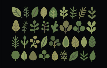 Collection of thirty six flat green leaves and branches illustrations