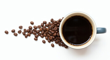 Flat lay of a coffee cup with dark brew, surrounded by roasted beans on one side, white background on the other, bold modern coffee art composition.