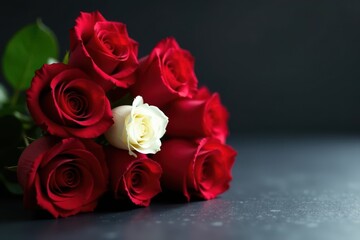 Fototapeta premium A bouquet of red roses on a dark-colored table with a single white rose in the center, purple background, solitary flower