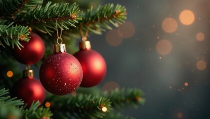 Obraz premium Colorful Christmas ornaments in red hung on a wooden tree branch, christmas, branch